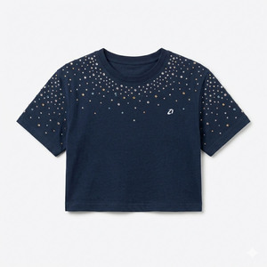 Sparkly Diamonds Embellished Women's Shirts Dark Blue Cropped TShirt Shiny Glitter Stud Detail Cotton Short Sleeve Fashion Tees - Product Image 3