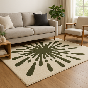 Tapis en laine tufté à la main, design artistique unique, vert, tapis moderne inspiré de la nature, tapis doux en laine pour salon et chambre. - Product Image 4