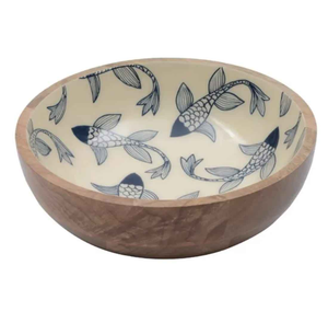 Bol à salade en bois artisanal à motif ondulé bleu, imprimé émail, pour fruits, vaisselle décorative pour hôtel et mariage - Product Image 1