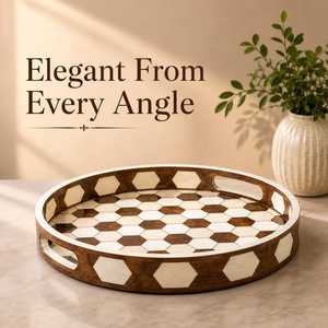 handmade Handcrafted Bone Inlay <b>Round</b> Decorative Display Tray with Premium Artisan Mosaic Work for Living Room Bedroom & <b>Console</b> - Product Image 3