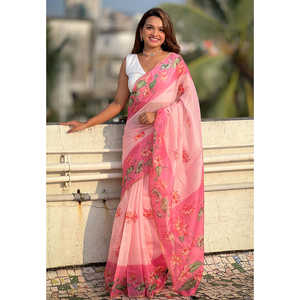 Robes de soirée Elite Weaves, sari en coton Chanderi rose pâle imprimé Pichwai avec bordure tissée Zari, 500g en stock - Product Image 4