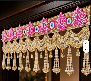 Elegant Pink Lotus Pearl Toran with Gold Embroidery Beaded Tassels plus Traditional Indian Wedding Door Decoration Decor - Product Image 6
