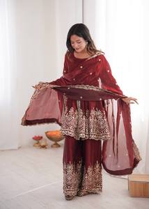 Women Embroidered Heavy Two Tone Fandy Silk Salwar Kameez Set Velvet Dupatta Traditional Indian Pakistani Graduation Diwali - Product Image 3