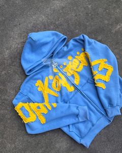 Sudadera con capucha azul desgastada con estampado amarillo al por mayor |   Sudadera con capucha vintage adornada con estampado de alienígena agrietado - Product Image 5