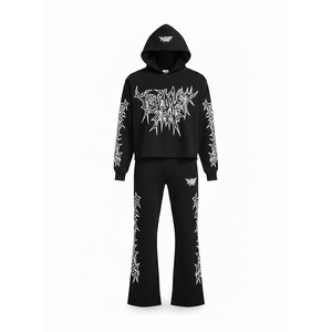Ensemble de survêtement personnalisé pour hommes avec imprimé gothique, pantalon évasé et sweat à capuche, en molleton épais, marque privée, vente en gros - Product Image 3
