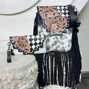 Stylish Product New Designer Hand Tooled Cow Leather Women's Fringe Bag & Hand Tooled Cowhide Leather Clutch Ladies 2 Pieces Set - Product Image 4