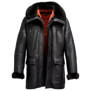 Manteau long en cuir noir pour homme, parka d'hiver chaude avec col en fourrure, doublure en polaire rouge, veste d'extérieur épaisse - Product Image 1