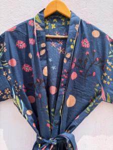 Bata Kimono de Algodón Azul Oscuro con Estampado Floral para Mujer, Ligera, Estilo Boho, para Descansar, Vestido de Salón, Túnica de Verano, Cubrebaño de Playa - Product Image 4