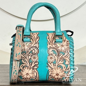 Sacs mini-duffel en cuir turquoise floral artisanal et gravé, sacs à main Speedy à poignée supérieure en cuir véritable de haute qualité, portés épaule - Product Image 1