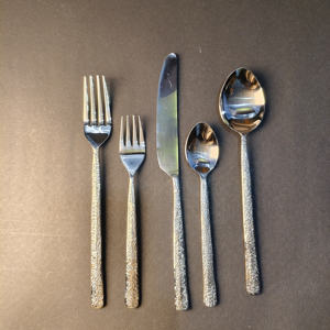 5-Piece Textured Pebble-Pattern Handle Silverware Set Including <b>Dinner</b> fork, salad fork, <b>dinner</b> <b>knife</b>, teaspoon, and soup spoon. - Product Image 2