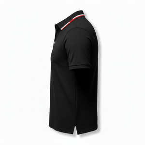 Camisa Negra Premium para Hombre con Cuello a Rayas en Contraste, Logotipo Personalizado, Tejido Ecológico, Deportiva, de Golf, Alta Calidad y Transpirable - Product Image 4