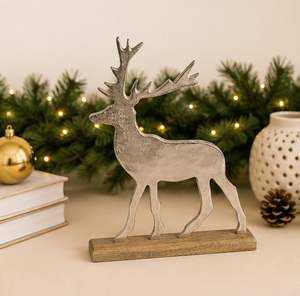 Figurine de renne moderne en aluminium argenté avec base en bois de manguier naturel, sculpture de cerf en métal artisanale pour la décoration de Noël à la maison - Product Image 6