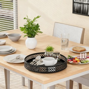 Bandeja Decorativa Redonda de Metal con Diseño Geométrico para Decoración Minimalista del Hogar, Encimeras y Armarios, Hecha a Mano en India - Product Image 4