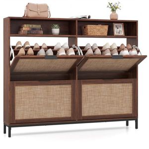 Boho Style Freestanding Shoe Cabinet Organizer with 4 Flip Drawers and <b>Open</b> Shelves for Entryway - Product Image 1