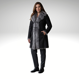 Custom Ladies Genuine Black Silver Sheepskin <b>Trench</b> <b>Coat</b> Lightweight Winter Apparel Elegant Long Open Front - Product Image 1