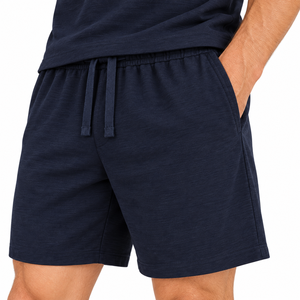 Ensemble de pyjama de luxe tissé pour homme, manches courtes, boutonné, vêtements de nuit d'été frais, short de détente assorti, tenue de nuit marine - Product Image 4