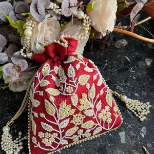 Zardosi Floral Embroidered <b>Red</b> <b>Silk</b> Potli Bag Pearl Beaded Handle Women Wedding Evening Clutch Bridal Purse Ethnic Party Handbag - Product Image 1