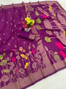 ส่าหรีผ้าไหมโดลาแท้สำหรับผู้หญิงผ้าแจ็คการ์ดสานด้วยการออกแบบจาก Zari Pallu และชายแดน Meenakari Bandhani - Product Image 5
