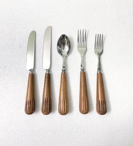 Modern <b>Flatware</b> <b>Set</b> With Wood Handles 5 Piece Cutlery <b>Set</b> Dishwasher Safe High Mirror Polish - Product Image 4
