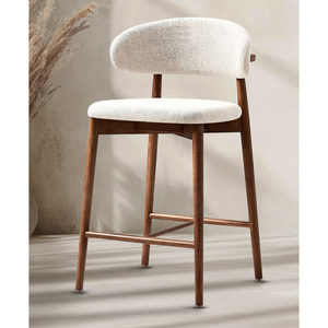 เก้าอี้บาร์ไม้สักพร้อมเบาะผ้าหุ้มและพนักพิงโค้งสำหรับใช้ในร้านกาแฟและร้านอาหาร - Product Image 1