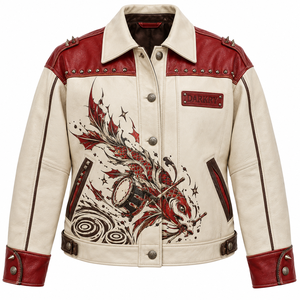 Chaqueta de Cuero Genuino de Vaca Hecha a Medida para Mujer, Diseño Vintage con Estampado Gráfico, Remaches, Estilo Punk Biker, Servicio OEM ODM - Product Image 1