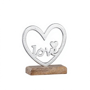 Decorative Metal Heart Sculpture Love Slogan <b>Christmas</b> <b>Gift</b> Room Decor Crafts Wholesale Figurine Wooden Base Nickel Finish - Product Image 1