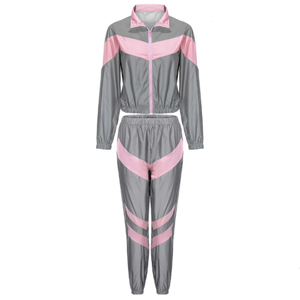 Conjunto Deportivo Cortavientos Gris y Rosa para Mujer, Manga Larga, Cierre de Cremallera, Pantalones con Cordón Ajustable, Bolsillos Laterales, Ligero, Poliéster/Nailon, Casual, Verano - Product Image 6