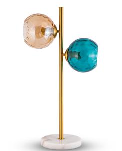 Modern Brass <b>Table</b> <b>Lamp</b> With Marble <b>Base</b> And Dual Glass Globe Shades In Amber And Blue For Living Room Decor - Product Image 2