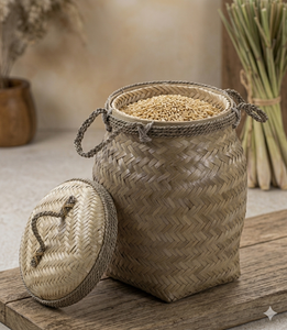 Handmade Bamboo Woven Rice <b>Basket</b> <b>With</b> <b>Lid</b> Traditional Indonesian Food Container Eco Friendly Storage Box Rustic Kitchen Decor - Product Image 2