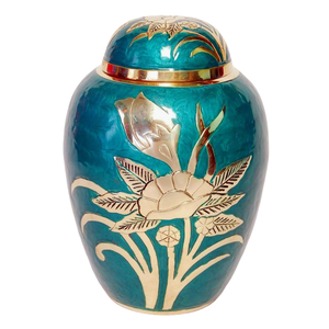 Urnas funerarias de latón de alta calidad con cúpula superior y grabado en dorado y azul, urnas metálicas para cenizas humanas. - Product Image 1