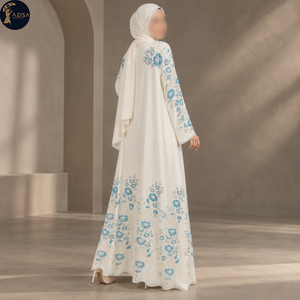 Vestido Abaya con Bordado Floral Fino para Mujer, Mangas Largas, Ropa Islámica Modesta |   Elegante Traje Musulmán con Flores Azules para Ocasiones Especiales - Product Image 4