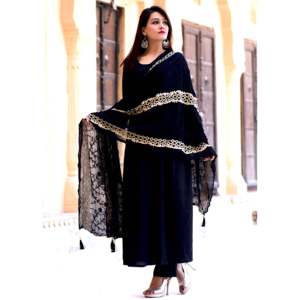 Magnifique ensemble de costume noir avec dupatta doré, taille XS, tissu en mousseline de soie - Product Image 6
