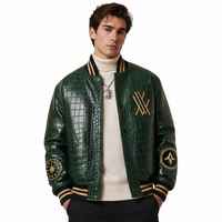 Veste universitaire en cuir vert brillant pour homme, col côtelé, broderie chenille, personnalisable, en peau de mouton gaufrée façon croco, fabrication OEM