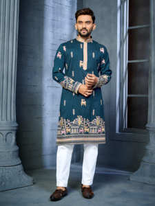 Ensemble Kurta pour homme en vert foncé brodé avec col mandarin et pyjama blanc, tenue traditionnelle ethnique pour mariage - Product Image 1