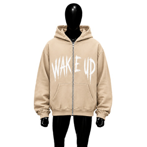 Sudadera con capucha extragrande beige con cremallera completa, estampado gráfico Wake Up, estilo urbano, para hombre, de tejido grueso, corte casual personalizado - Product Image 1