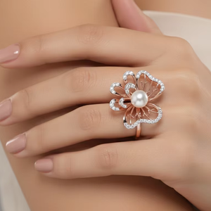 Bague florale ajustable en or rose avec perle de coquillage naturelle de luxe, bijou tendance pour fiançailles, mariage et anniversaire - Product Image 3