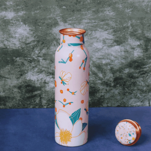<b>Pink</b> Floral Botanical Art Pattern Pure Copper Water <b>Bottle</b> Floral Design Handcrafted Rustic Copper Water Flask - Product Image 1