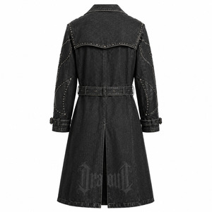 Abrigo Largo de Mezclilla de Lujo con Tachuelas para Hombre, Negro Lavado, Paneles de Cuero Sintético, Cinturón con Pedrería - Product Image 3