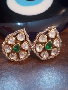 Amaira Jewels Classic Gold Flower <b>Stud</b> <b>Earrings</b> 925 <b>Silver</b> Women's Everyday Wear Bezel Setting Luxury Green Doublet Polki Stone - Product Image 4