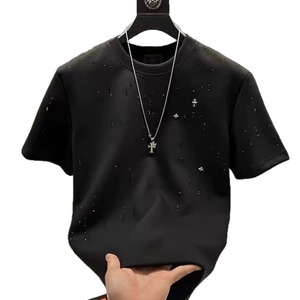 T-shirt décontracté pour homme 100 % polyester, col rond, imprimé strass, motif uni, tissé, vierge, vente en gros - Product Image 3