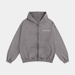 เสื้อฮู้ดดี้โอเวอร์ไซส์สีเทาแบบฟอกกรด ซิปยาวเต็มตัว ผ้าฟลีซหนานุ่ม สไตล์สตรีทแวร์ ยูนิเซ็กส์ ขายส่งเสื้อผ้าลำลอง B2B - Product Image 1