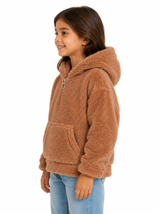 Sweat-shirt à capuche en polaire douce pour filles, style Teddy Sherpa, chaud, avec demi-zip, poche kangourou et manches longues, idéal pour l'hiver - Product Image 2