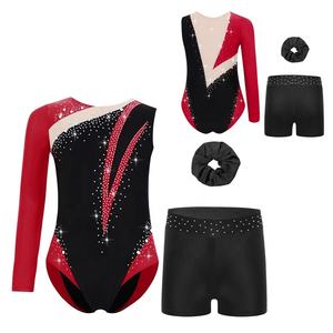 Tenue de danse latine, de gymnastique et de patinage artistique pour filles de 6 à 16 ans, justaucorps avec short et coiffe, ensemble pour spectacles et récitals - Product Image 3