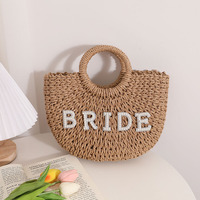 Tas Pantai Jerami Berhias Mutiara Custom dengan Inisial, Lapisan Kanvas Terbuka, Tahan Lama, Portabel, Dua Pegangan, untuk Wanita, Pengantin, Pernikahan