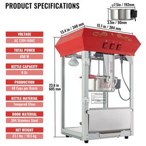 Macchina per Popcorn da Banco 850W, Pentola da 8 Oz, 48 Tazze per Ciclo, con Vetro Temperato, per Mais - Product Image 4