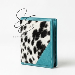 Premium Genuine Leather Hair-On Cowhide <b>Wallet</b> Slim Bifold Card <b>Holder</b> Custom Logo RFID Minimal Turquoise Aceent <b>Wallet</b> For Men - Product Image 2