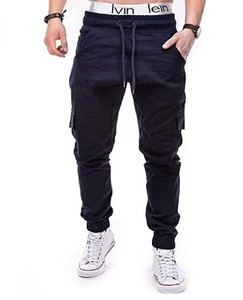<b>Men's</b> Navy Blue Cotton Cargo Sweatpants <b>Elastic</b> Waist Drawstring Multiple Pockets Casual Autumn Wear Midweight Breathable - Product Image 2