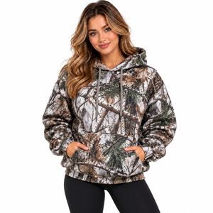 Sudadera con capucha de forro polar personalizada al por mayor para mujer, con estampado de follaje forestal, estilo streetwear - Product Image 1