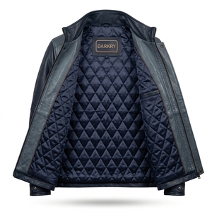 Chaqueta de Cuero Genuino Azul Marino para Hombre con Panel de Pecho Gris Pizarra y Bolsillos con Cremallera, Fabricante Mayorista y Proveedor OEM/ODM Personalizado - Product Image 5