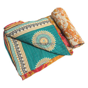 Kantha <b>Quilted</b> Recycled Sari Throw-One-Of-A-Kind Vintage <b>Handmade</b> Throw Blanket Kantha <b>Quilted</b> Recycled Sari Throw Indian Revers - Product Image 4